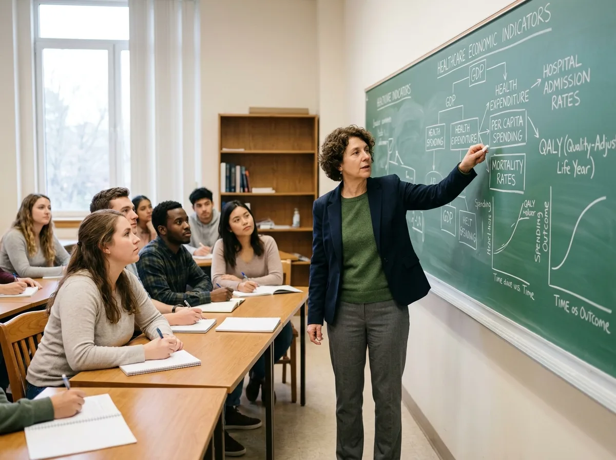 преподаватель объясняет экономические показатели здравоохранения на доске перед группой слушателей